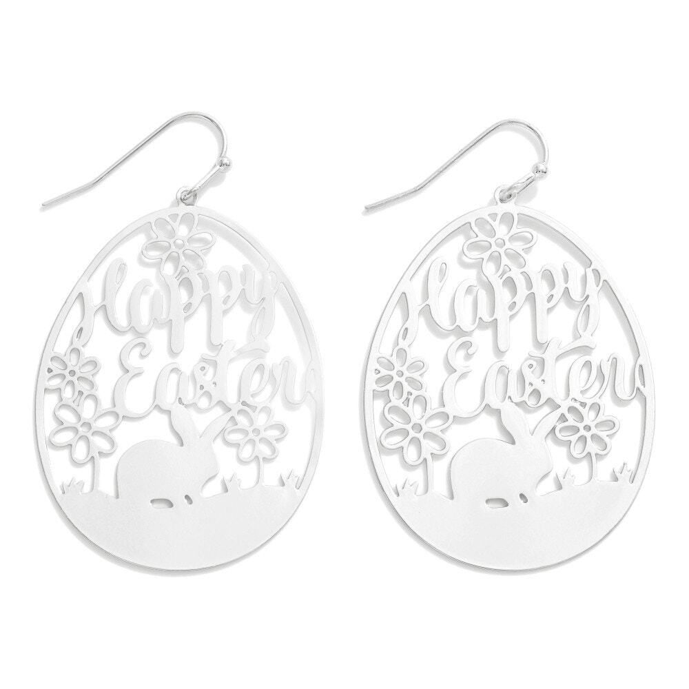 Silver Brass Happy Easter Egg Dangle Drop Earrings